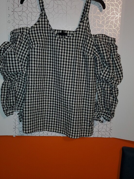 Tops - Black & White Gingham Cold-Shoulder Women's Top